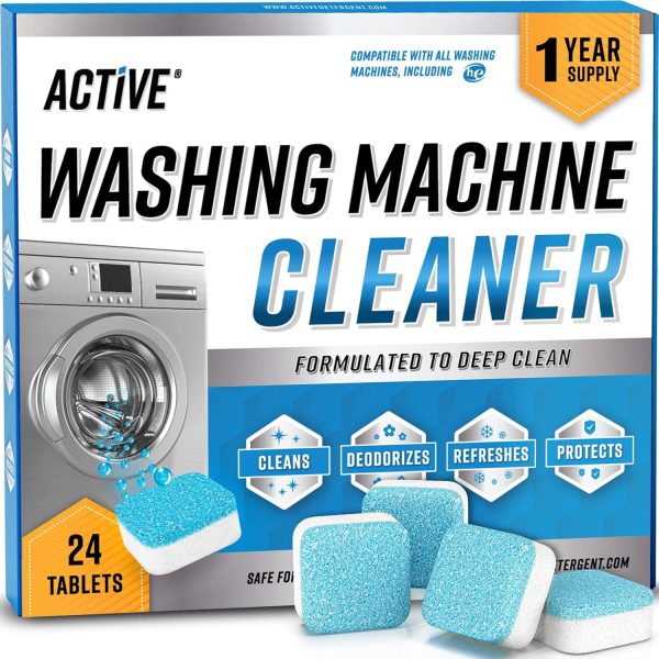 ACTIVE Washing Machine Cleaner Descaler 24 Pack - Deep Cleaning Tablets For HE Front Loader & Top Load Washer, Clean Inside Drum And Laundry Tub Seal (Washing Machine Cleaner Tablets - 24 Pack) Buy 1 get 1 Free